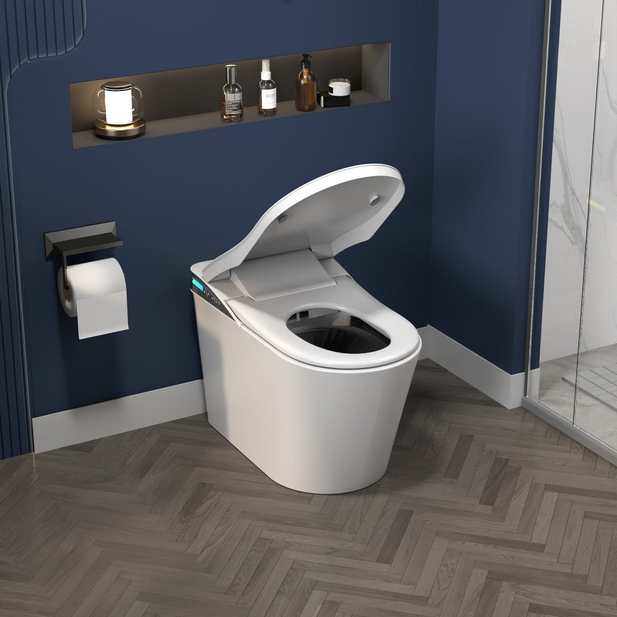 Exbrite Smart Toilet With Foot Sensing Open Cover & Seat, Buttons Control, Night Light, Leakage Protection, Side Knob With Multiple Controls, Remote Control, Auto Flushing, White Screen