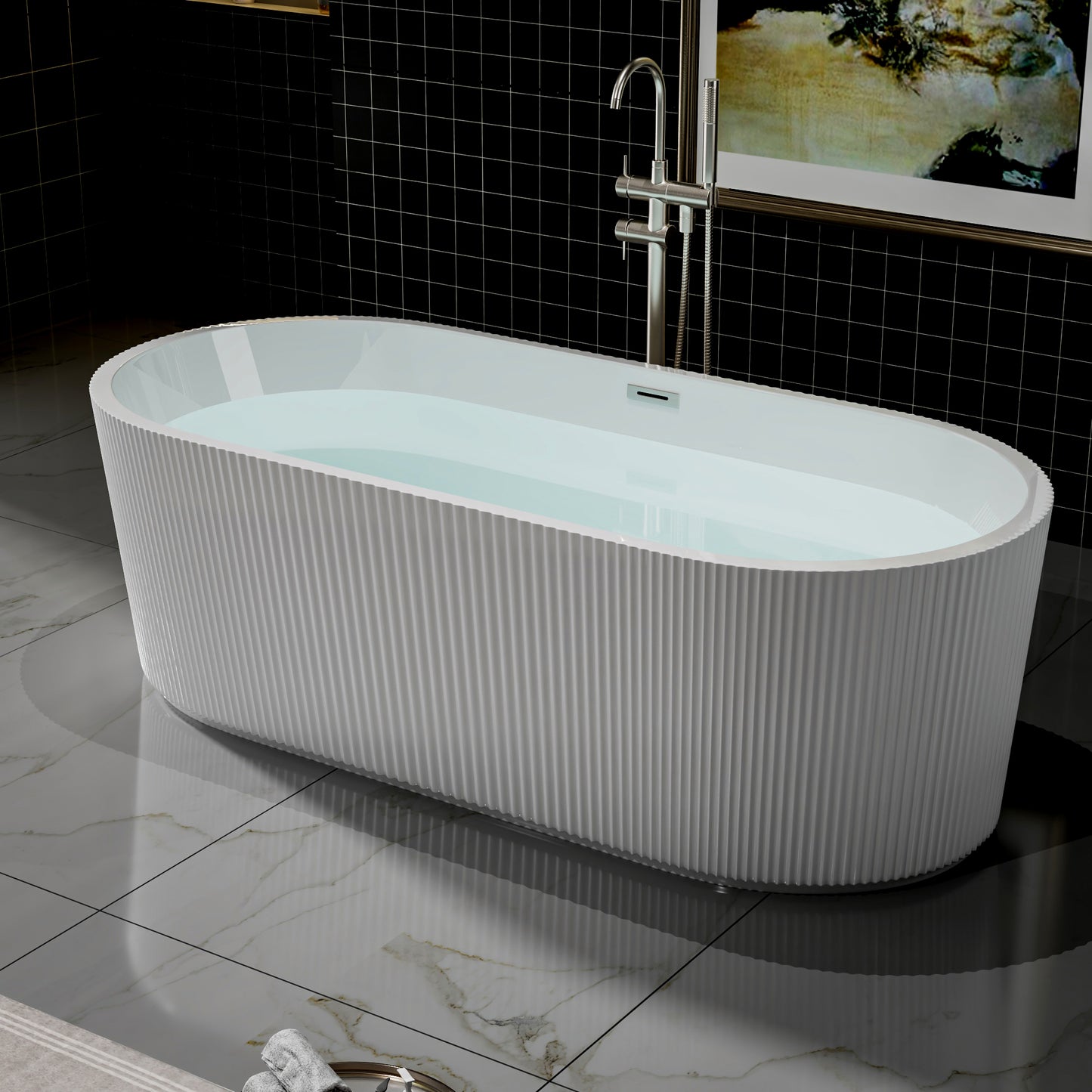 WSP-NK Exbrite 67' Acrylic Freestanding Bathtub, Unique Pleated Design, Glossy White, Brushed Nickel Overflow and Pop-Up Drain, cUPC Certified