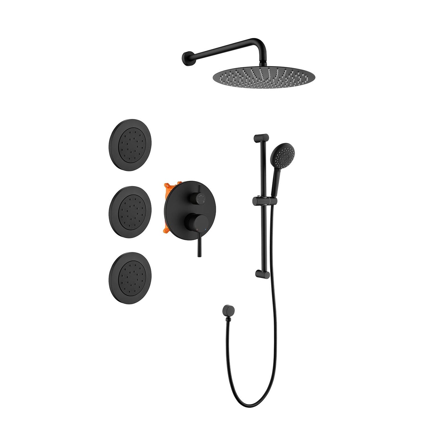 4PC3 Exbrite Shower System with Shower Head, Hand Shower, Slide Bar, Bodysprays, Shower Arm, Hose, Valve Trim, and Lever Handles