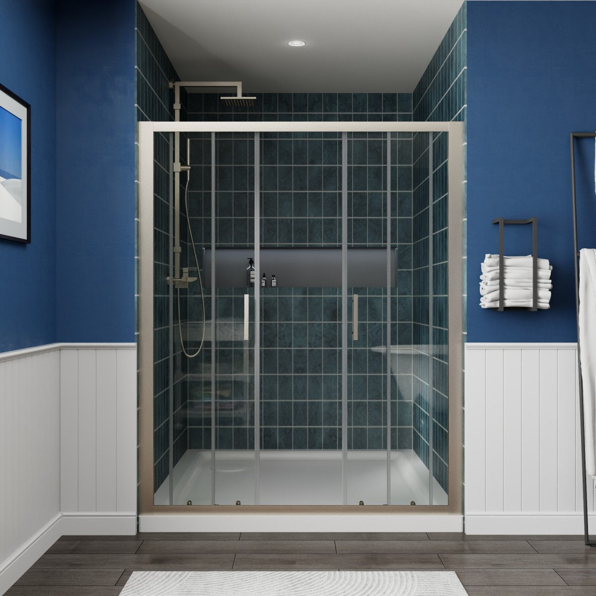 Holden 56-60"W x 70"H Easy Clean Shatter Proof Double Framed Sliding Shower Door with 1/4" (6mm) Clear SGCC Tempered Glass,Brushed Nickel