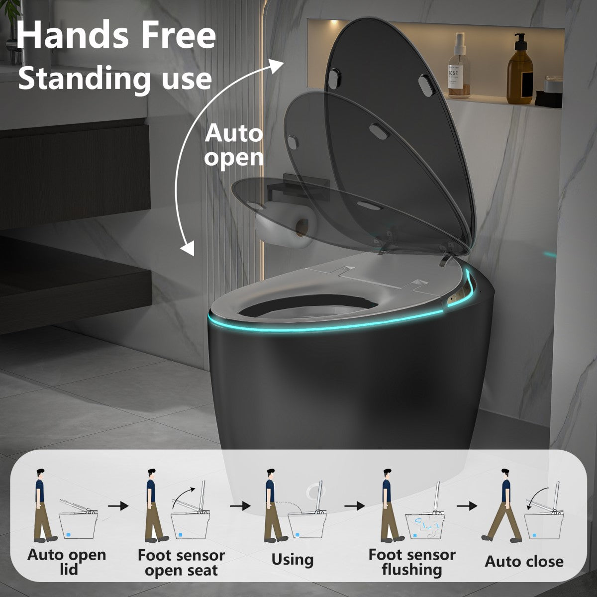 EP Exbrite Unique Smart Toilet with Bidet Built In, Intelligent One Piece Toilet For Modern Bathroom, Auto Open/Close Seat, Foot Sensor, LED Display,Night Light, Warm Water & Dryer, Black