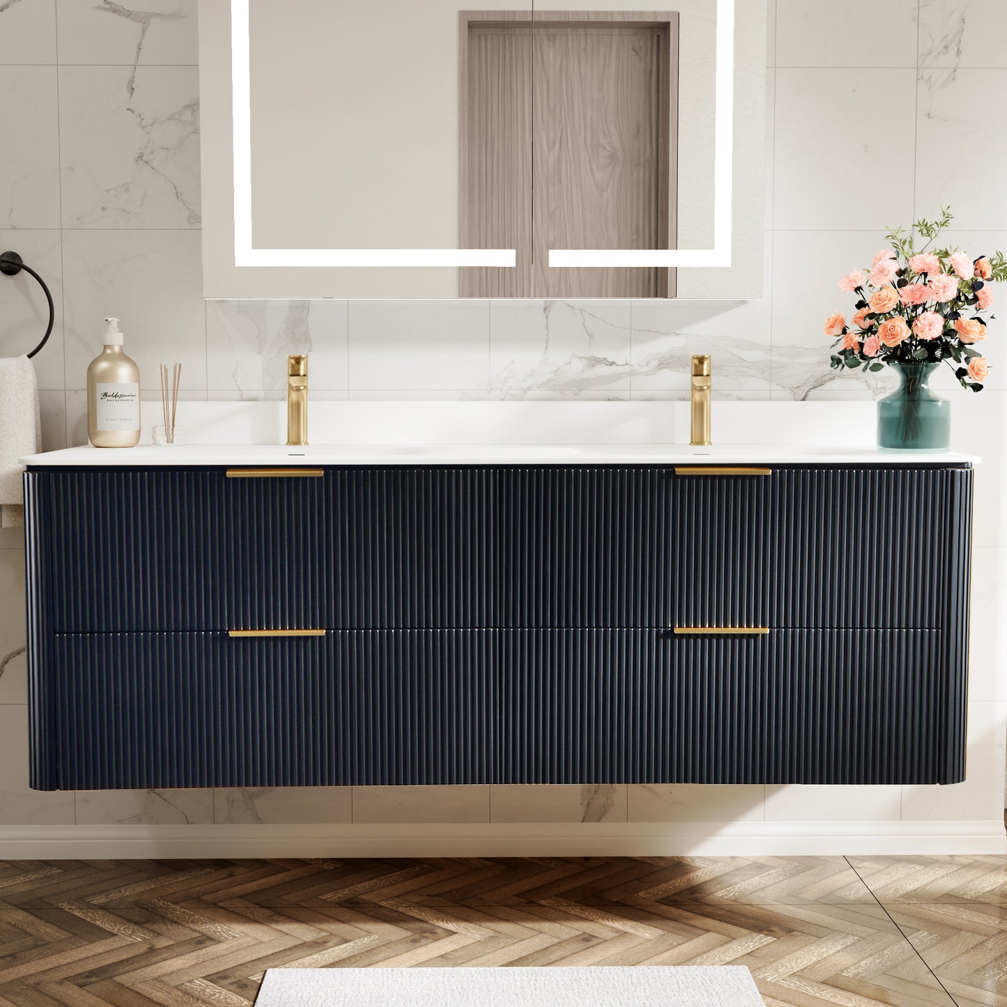 60 inch Floating Bathroom Vanity with Sink, Pre-Assembled, Wall Mounted Plywood Bathroom Storage Cabinet with Safety Rounded,Large Soft-Close Fluted Drawers & Metal Handles