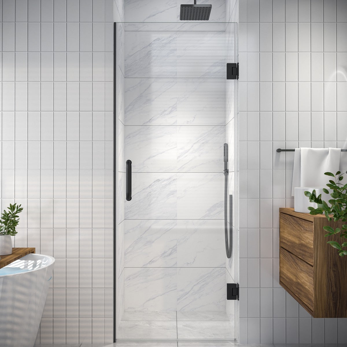 Valor Shower Door 28in.W x 72in.H Semi-Frameless Hinged Shower Door,Shower Room Glass Door with Clear Tempered Shower Glass Panel,Black