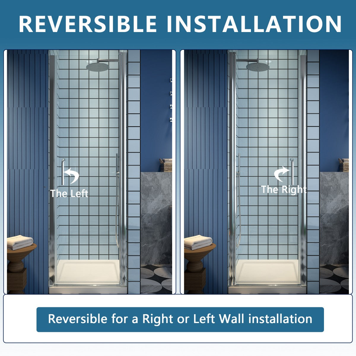 Reversible installation of Classy 24-26" W x 72" H small shower door with hinged pivot in chrome and clear glass.
