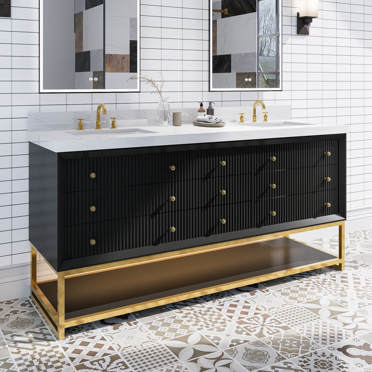 Brillare-W 72" LED Bath Vanity With Sink,Cultured Marble Top,Black,Solid Oak Build,Soft-Close,8 in faucet holes - ExBriteUSA