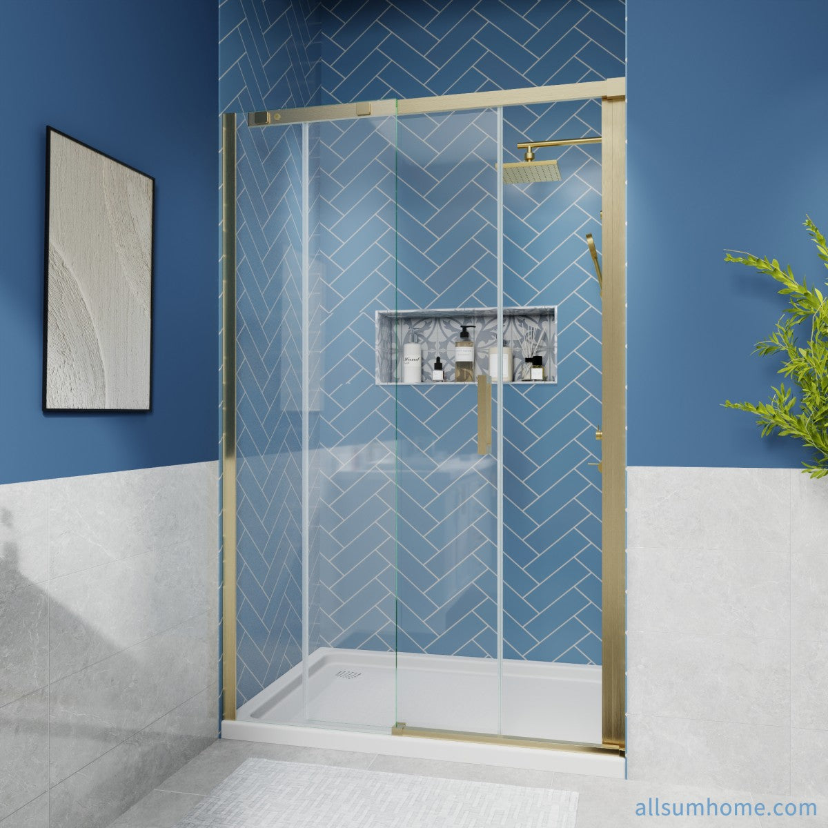 Lock Adjustable 44-48"W x 74"H Sliding Glass Shower Door with 8mm Clear Tempered Glass,Stainless Steel Hardware Brushed Gold,Rectangle Shower Door