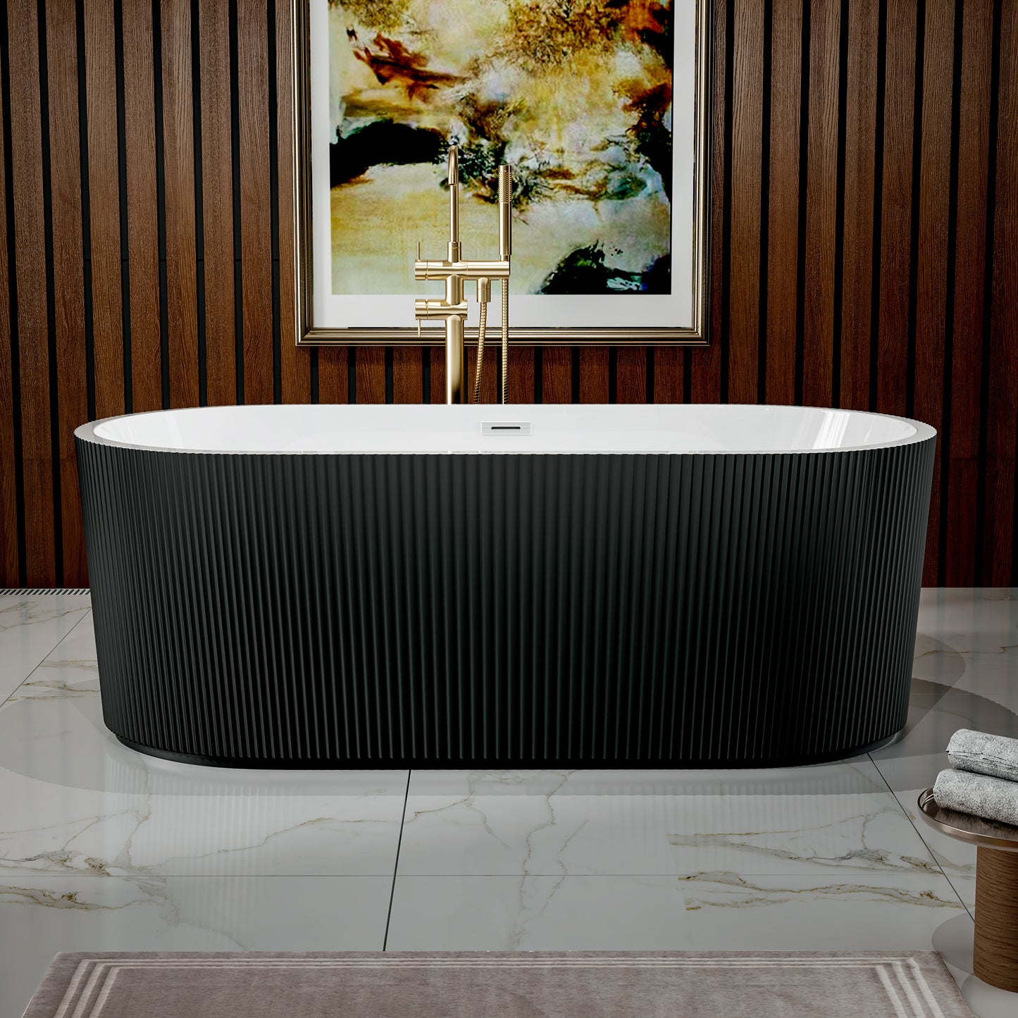 WSP-CH Exbrite 59' Acrylic Freestanding Bathtub, Unique Pleated Design, Glossy black, Chrome Overflow and Pop-Up Drain, cUPC Certified