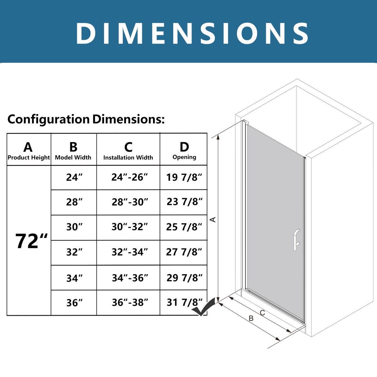Classy 36-38" W x 72" H pivot semi-frameless glass shower door in chrome with configuration dimensions chart.