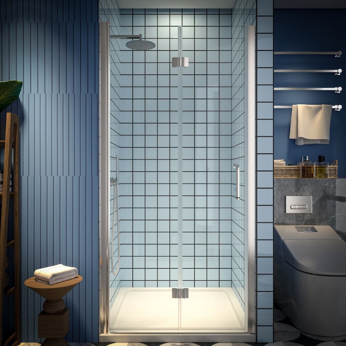 Exbrite Adapt Bifold Shower Door 36-38 in.W x 72 in.H Pivot Swing Shower Doors,Brushed Nickel,Clear Tempered Glass