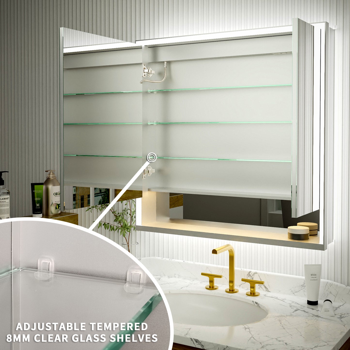 Ample 36" W x 36" H LED Lighted Chrome Medicine Cabinet with Mirror and Shelves for Bathroom Recessed or Surface Mount