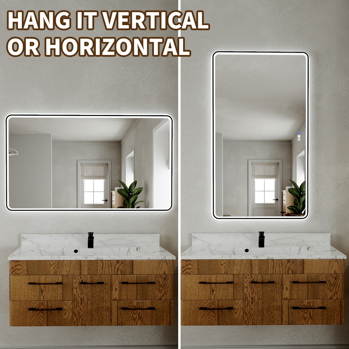 Lumina 55" W x 36" H LED Lighted Bathroom Mirror,High Illuminate,Inner and Outer Lighting,Anti-Fog,Dimmable,Black Frame with Rounded Corners