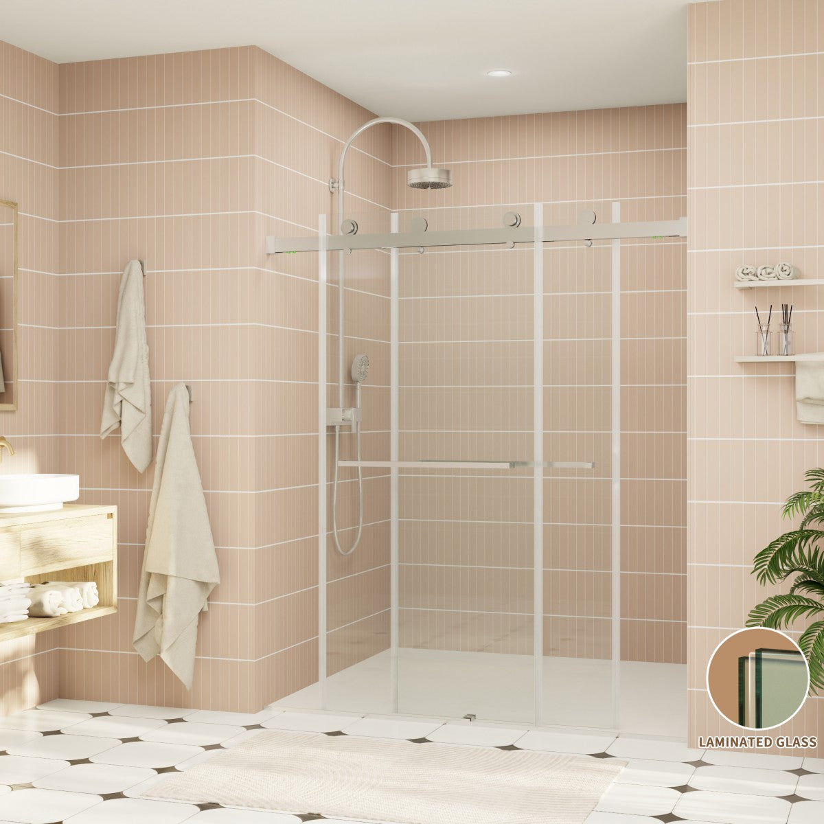ExRoll-PL Allsumhome 56"-60"W x 70"H Frameless Double Sliding Shower Door,8mm Laminated Glass,Shatterproof,Noise-proof,UV-proof,Tempered Glass Shower Enclosure,Brushed Nickel,Buffer