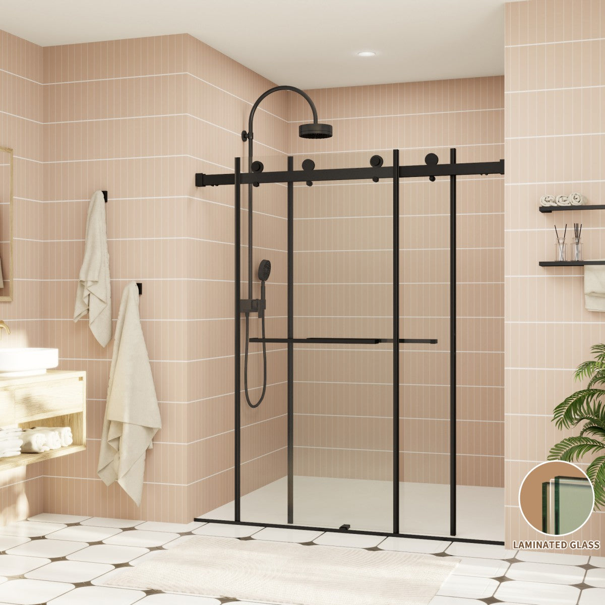 ExRoll-PL Allsumhome 56"-60"W x 70"H Frameless Double Sliding Shower Door,8mm Laminated Glass,Shatterproof,Noise-proof,UV-proof,Tempered Glass Shower Enclosure,Matte Black,Buffer