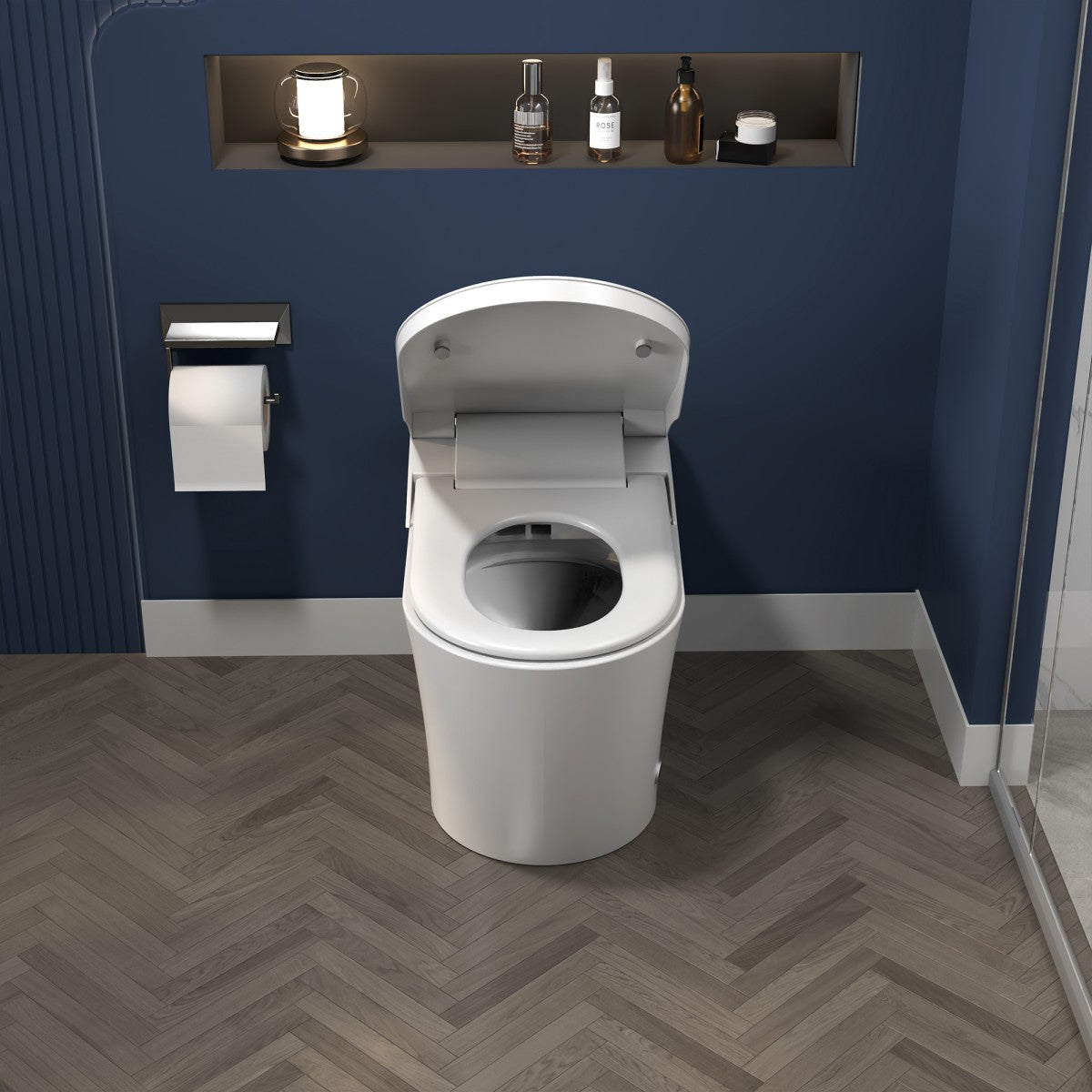Exbrite Smart Toilet With Foot Sensing Open Cover & Seat, Buttons Control, Night Light, Leakage Protection, Side Knob With Multiple Controls, Remote Control, Auto Flushing, White Screen