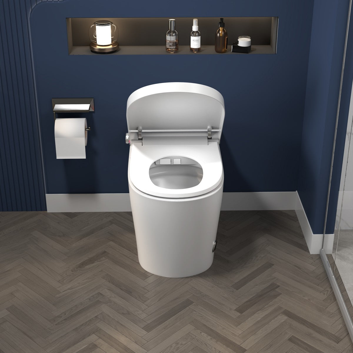 Exbrite Smart Toilet With Foot Sensing Open Cover & Seat, No Water Pressure Limitation, Night Light, Leakage Protection, Side Knob With Multiple Controls, Remote Control, Auto Flushing, White Screen