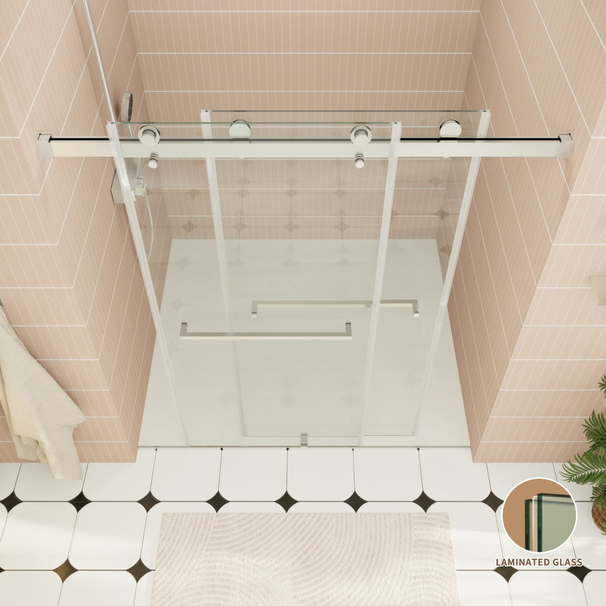 ExRoll-PL Allsumhome 56"-60"W x 70"H Frameless Double Sliding Shower Door,8mm Laminated Glass,Shatterproof,Noise-proof,UV-proof,Tempered Glass Shower Enclosure,Brushed Nickel,Buffer