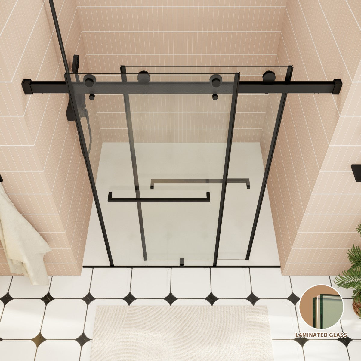 ExRoll-PL Allsumhome 56"-60"W x 70"H Frameless Double Sliding Shower Door,8mm Laminated Glass,Shatterproof,Noise-proof,UV-proof,Tempered Glass Shower Enclosure,Matte Black,Buffer