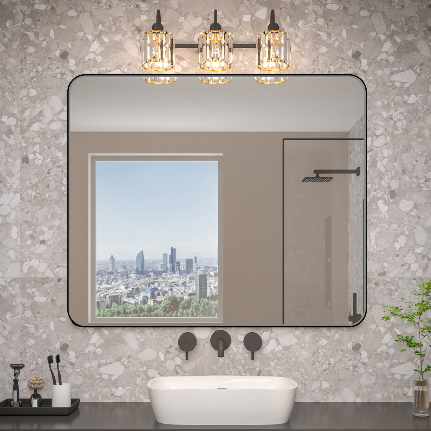 Noir 48" x 40" Vanity Mirror – Modern, Elegant, Rectangular Wall Mirror with Tempered Glass, Shatterproof, Rust-Resistant, Matte Black Frame for Bathroom, Living Room & Hallway - ExBriteUSA