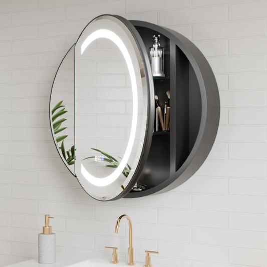 Hola 26" Round LED Medicine Cabinet – Black Frame, Anti-Fog, Dimmable Lighting, Surface Mount - ExBriteUSA