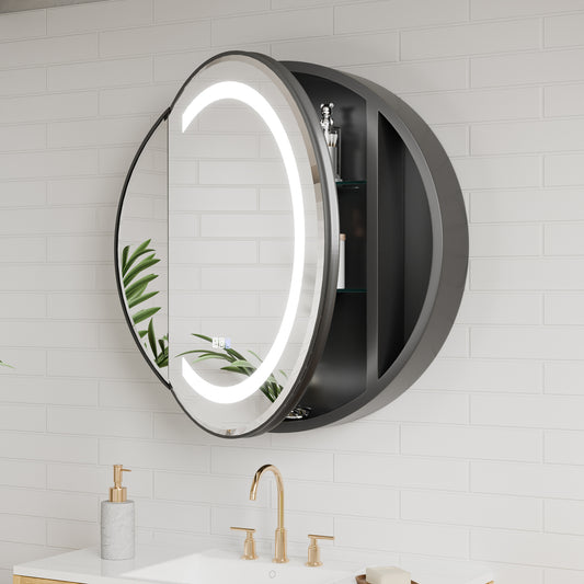 Hola 28" Round LED Medicine Cabinet – Black Frame, Anti-Fog, Dimmable Lighting, Surface Mount - ExBriteUSA