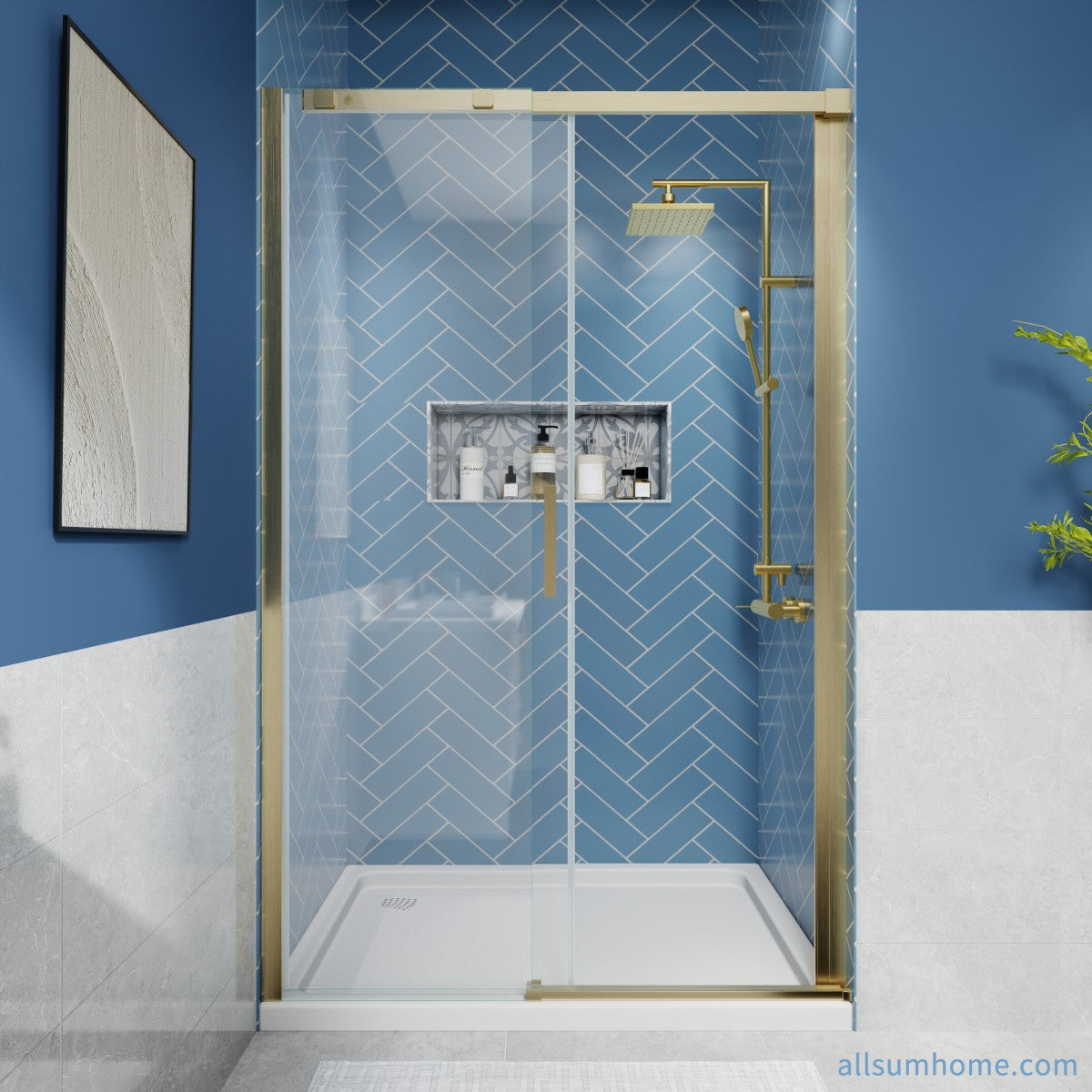 Lock Adjustable 44-48"W x 74"H Sliding Glass Shower Door with 8mm Clear Tempered Glass,Stainless Steel Hardware Brushed Gold,Rectangle Shower Door