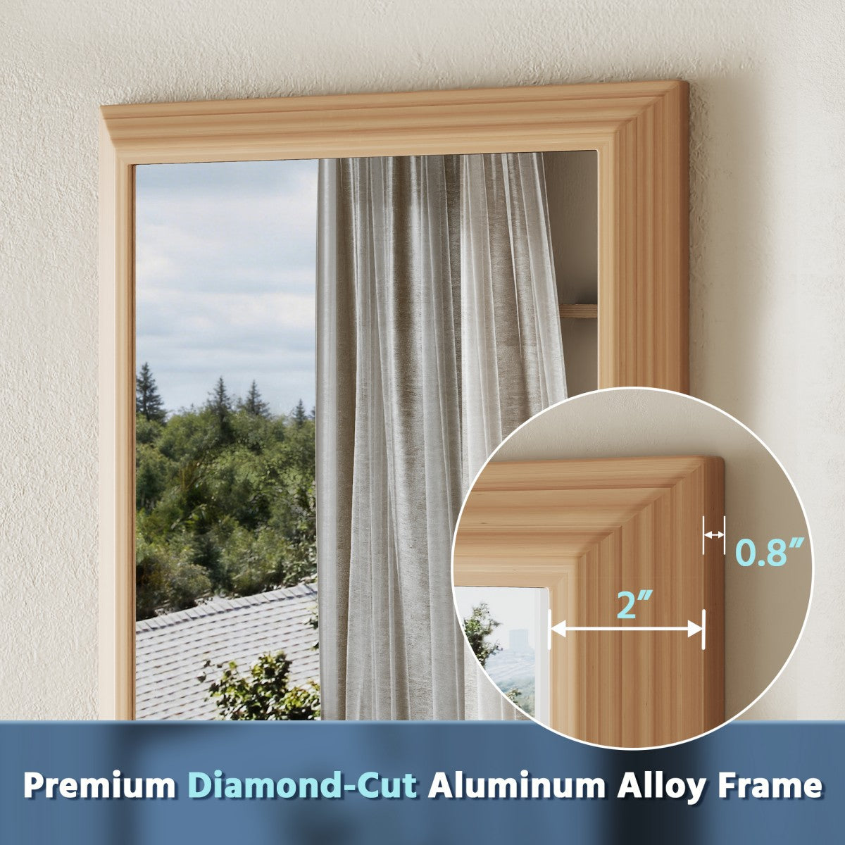 55" x 32" Light Wood Grain Modern, Elegant Rectangular Wall Mirror with Tempered Glass, Shatterproof, Rust-Resistant Light Wood Grain Aluminum Frame for Bathroom, Living Room & Hallway| Nolhurst