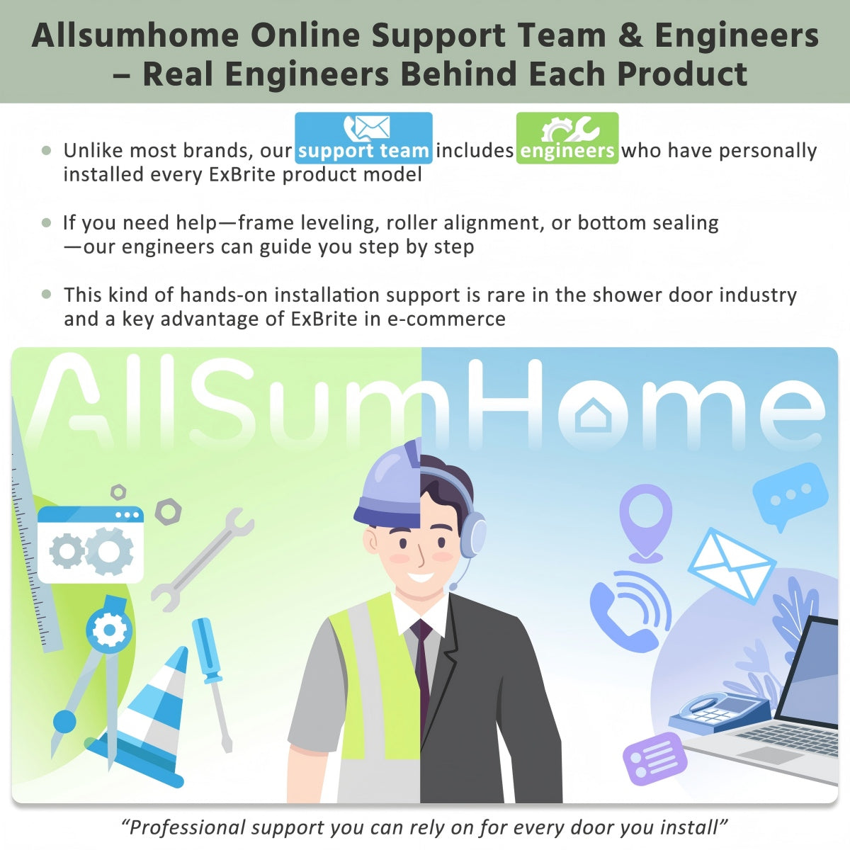 Advertisement for AllSumHome's online support team and engineers with a cartoon engineer and brand logo.