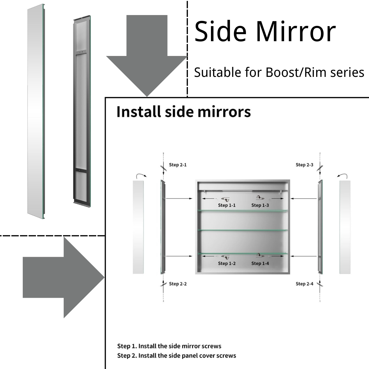Diagram showing how to install side mirrors suitable for Boost/Rim series vehicles.