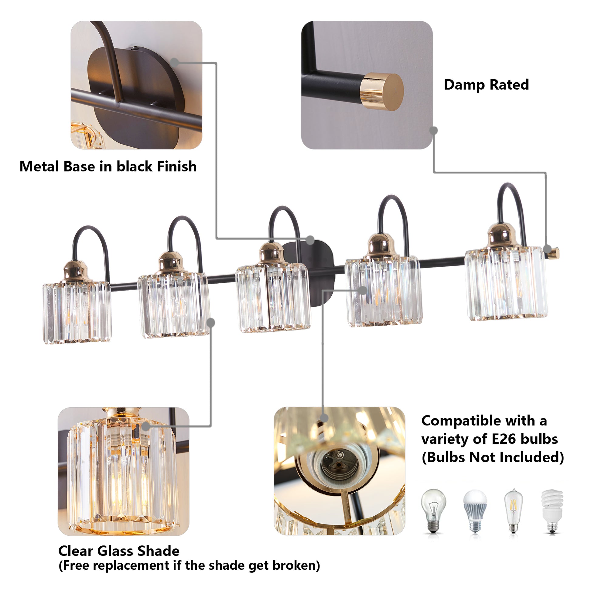 ExBrite 41" W 5 Lights Bathroom Black and Gold Vanity Lights for Bathroom Light - ExBriteUSA