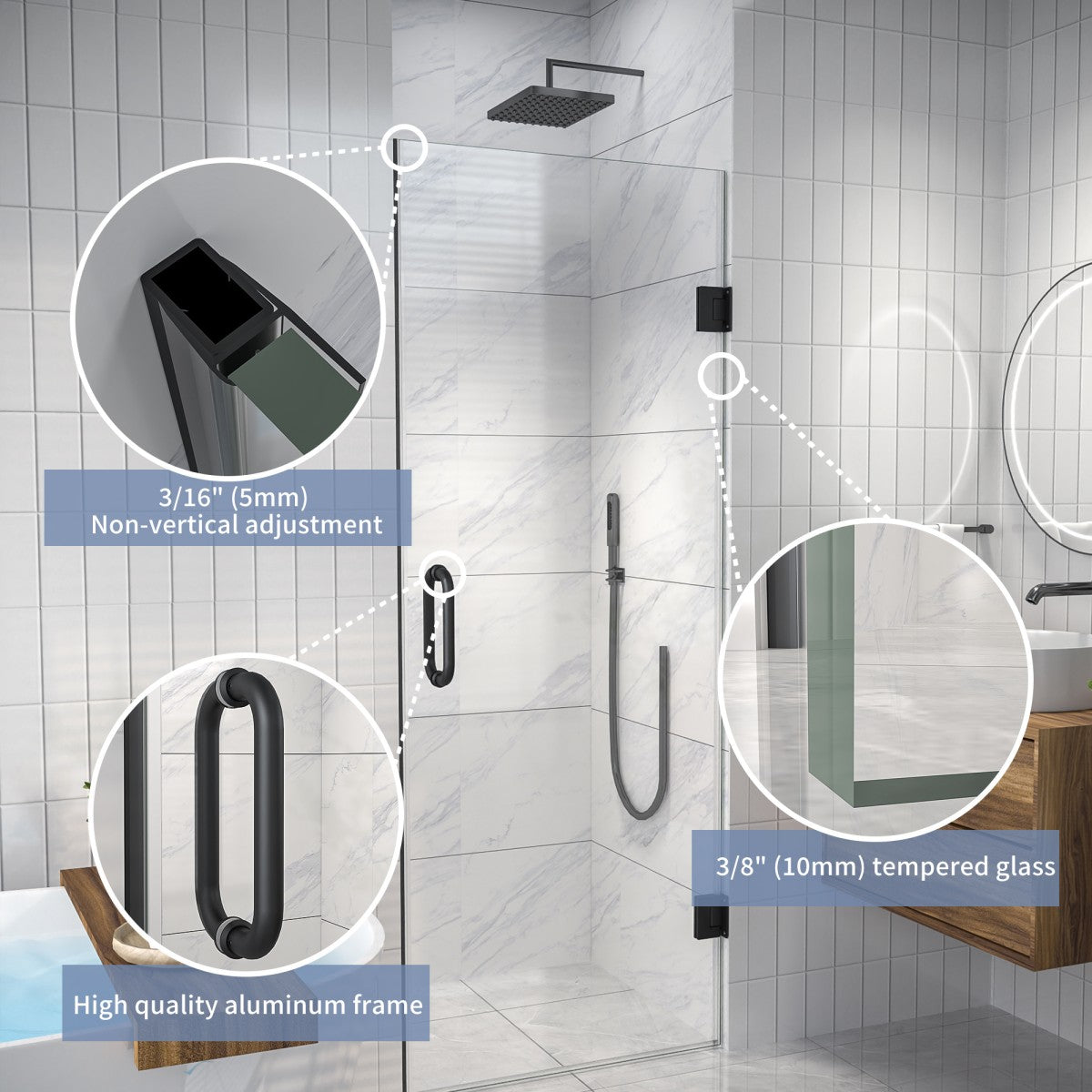 Valor Shower Door 28in.W x 72in.H Semi-Frameless Hinged Shower Door,Shower Room Glass Door with Clear Tempered Shower Glass Panel,Black