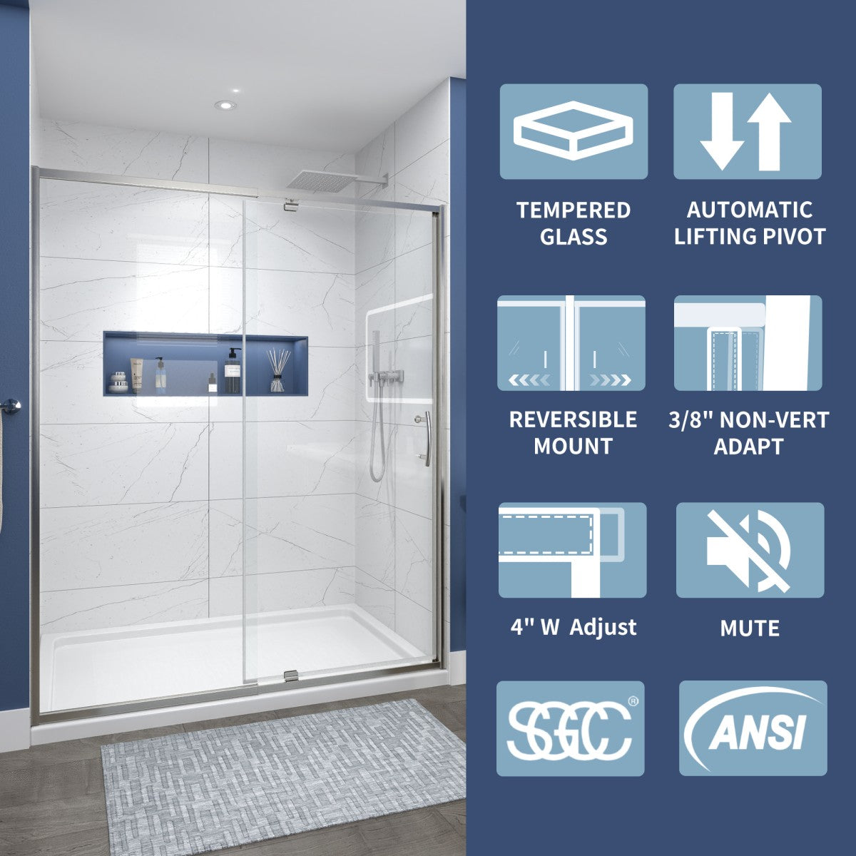 Flexi Showers 56-60" W x 71" H Glass Shower Doos Semi-Frameless,6mm Clear Tempered Glass Panel, Brush Nickel Finish - ExBriteUSA