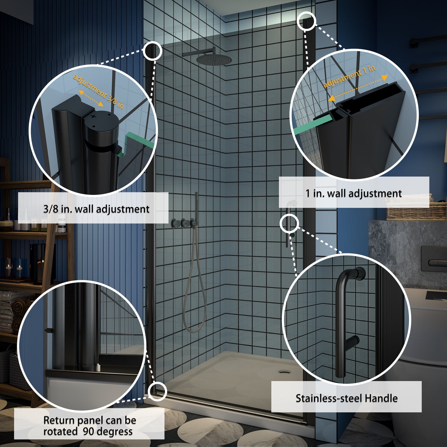Classy-G 32-33.3" W x 72" H Pivot Frameless Shower Door Matte Black Smoke Gray Glass Shower Door with Handle