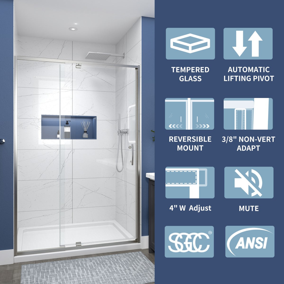 Flexi 44-48"x71" Frameless Shower Door in Chrome,Water Repellent Glass with Seal Strip Parts and Handle,6mm Glass Shower Door - ExBriteUSA