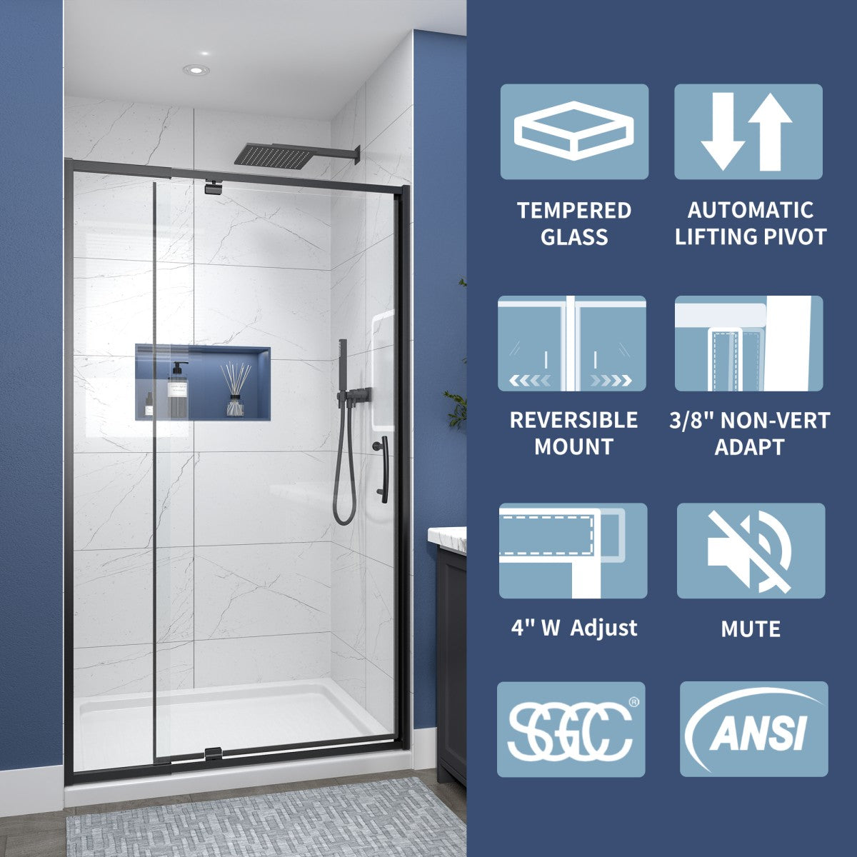 Flexi 38-42"x71" Frameless Shower Door in Matte Black,Tempered Glass with Seal Strip Parts and Handle,6mm Glass Shower Door - ExBriteUSA