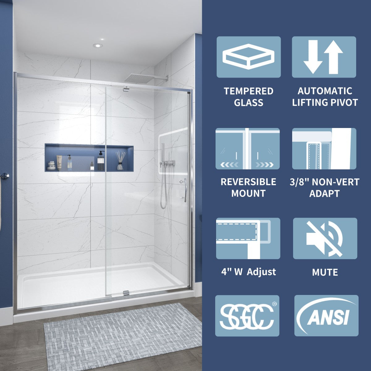 Flexi Showers 56-60" W x 71" H Glass Shower Doos Semi-Frameless,6mm Clear Tempered Glass Panel, Chrome Finish - ExBriteUSA