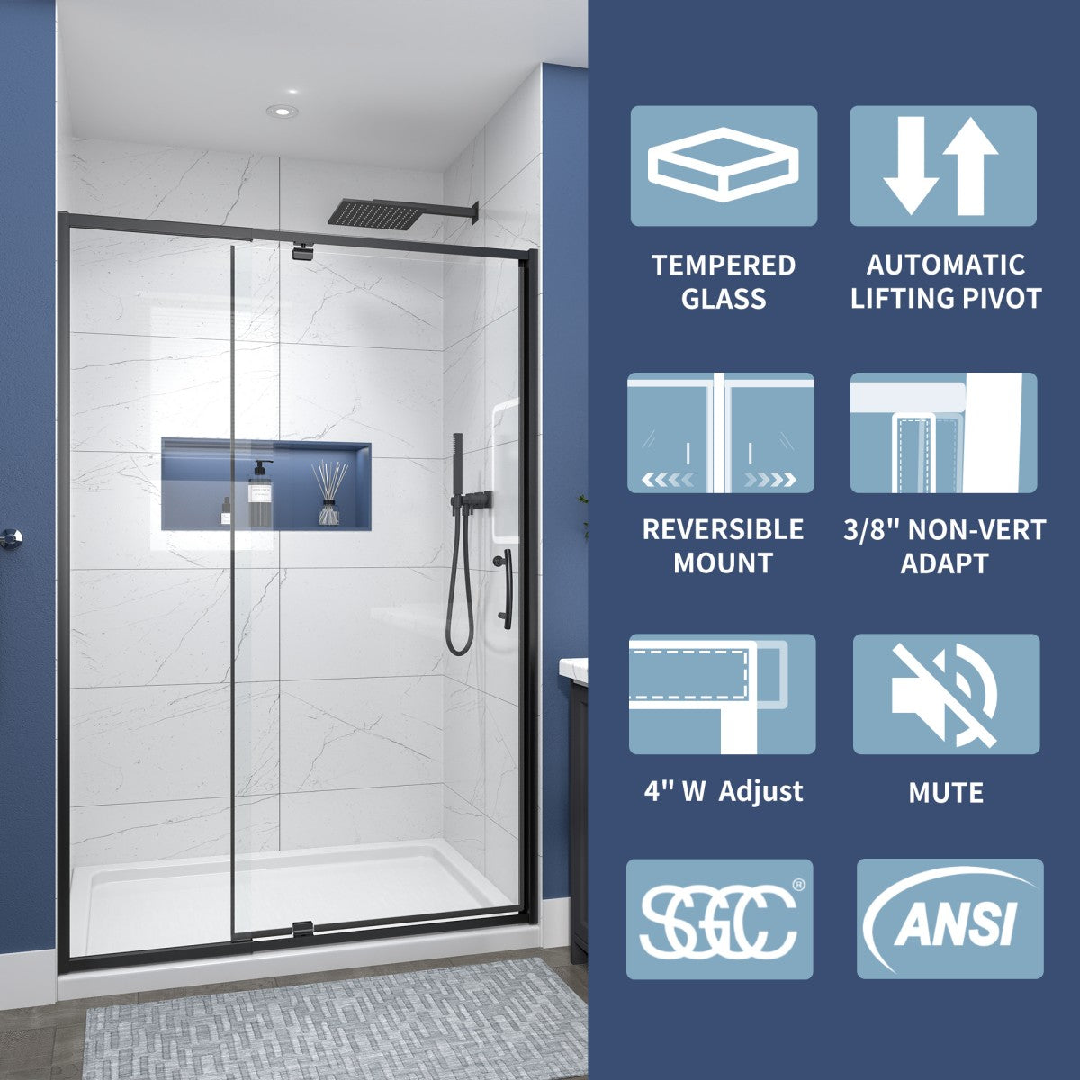 Flexi 44-48"x71" Frameless Shower Door in Matte Black,Water Repellent Glass with Seal Strip Parts and Handle,6mm Glass Shower Door - ExBriteUSA