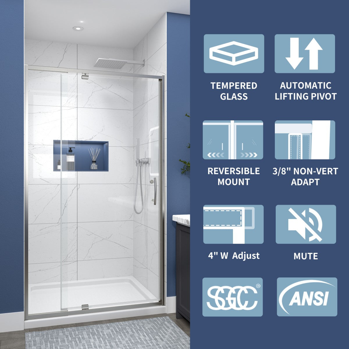Flexi 38-42"x71" Frameless Shower Door in Brushed Nickel,Tempered Glass with Seal Strip Parts and Handle,6mm Glass Shower Door - ExBriteUSA