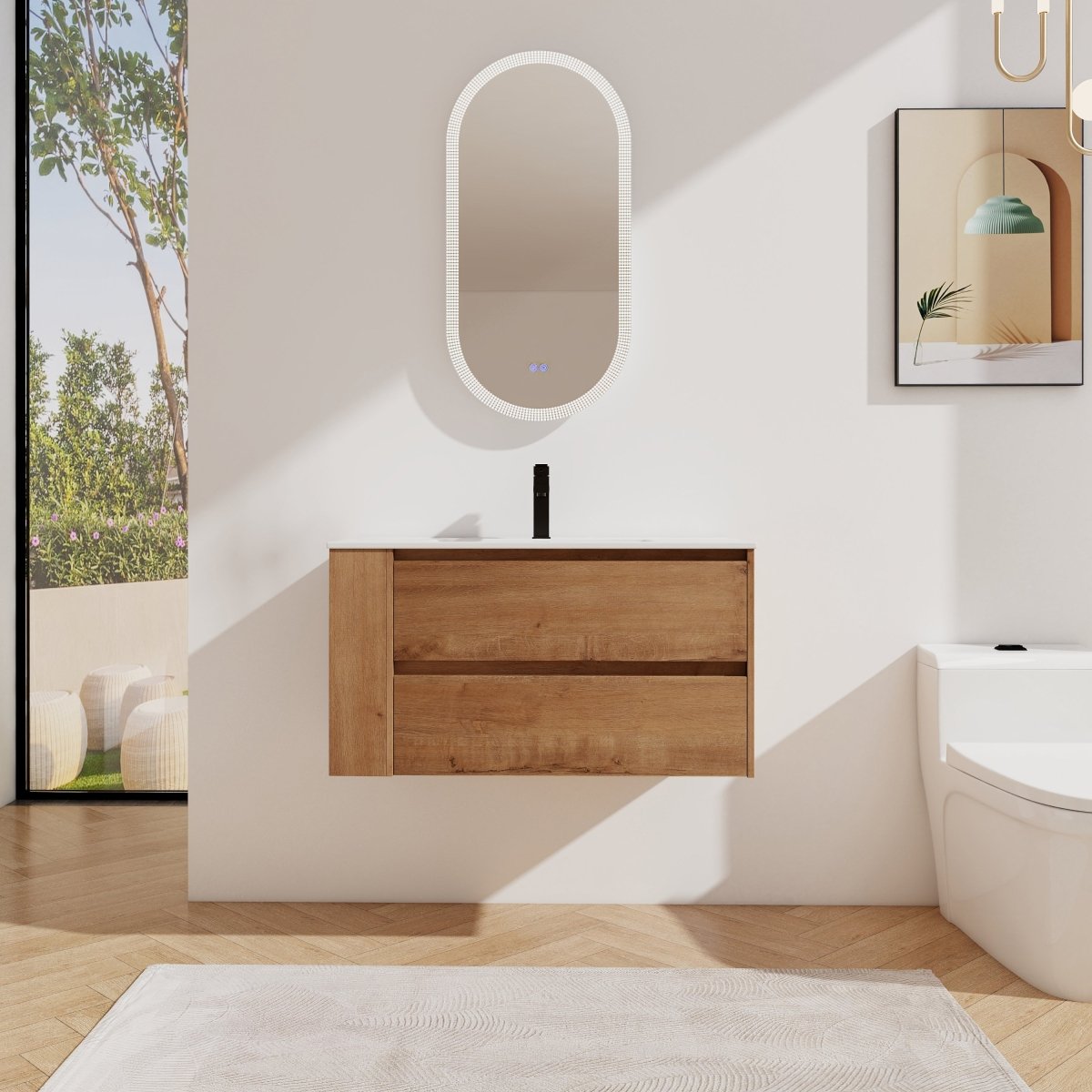 Allsumhome 36" Wall Mounting Floating Bathroom Vanity With Ceramic Sink,Imitative Oak Finish,Soft Close Drawer