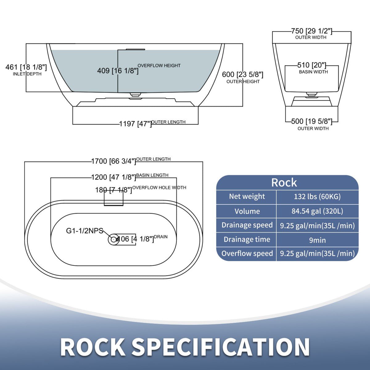Allsumhome RockX 67" Imitation Natural Stone Freestanding Bathtub,Stone Touch,Black,Scratch - proof,Large Overflow Port