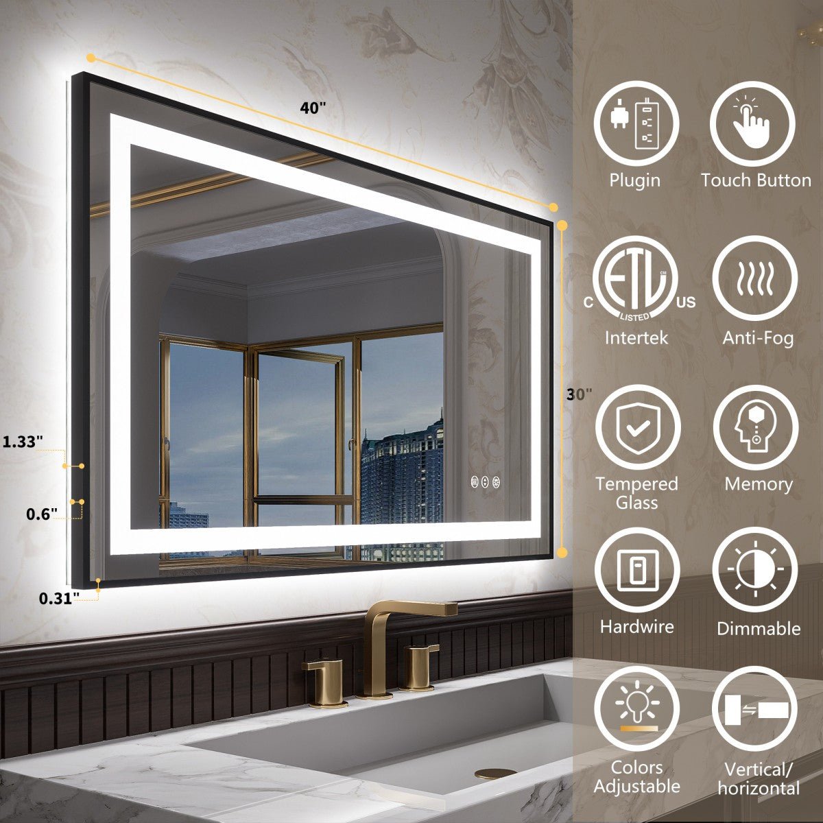 Apex - B 40x24in vanity with lights and mirror for Bathroom Wall,Framed LED Bathroom Mirror,Anti - Fog,Shatter - Proof,ETL Listed