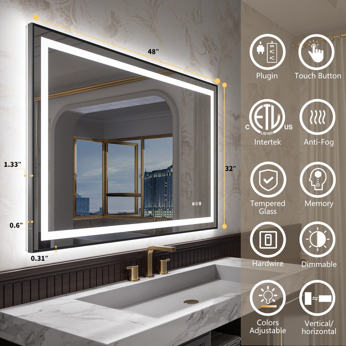 Apex - B 48x32in vanity with lights and mirror for Bathroom Wall,Framed LED Bathroom Mirror,Anti - Fog,Shatter - Proof,ETL Listed