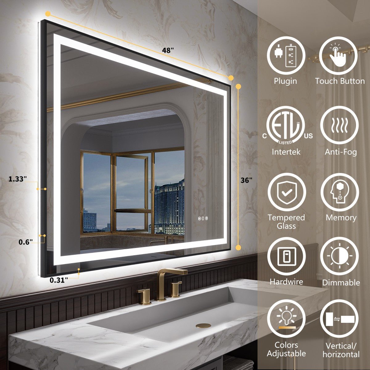 Apex - B 48x36in vanity with lights and mirror for Bathroom Wall,Framed LED Bathroom Mirror,Anti - Fog,Shatter - Proof,ETL Listed