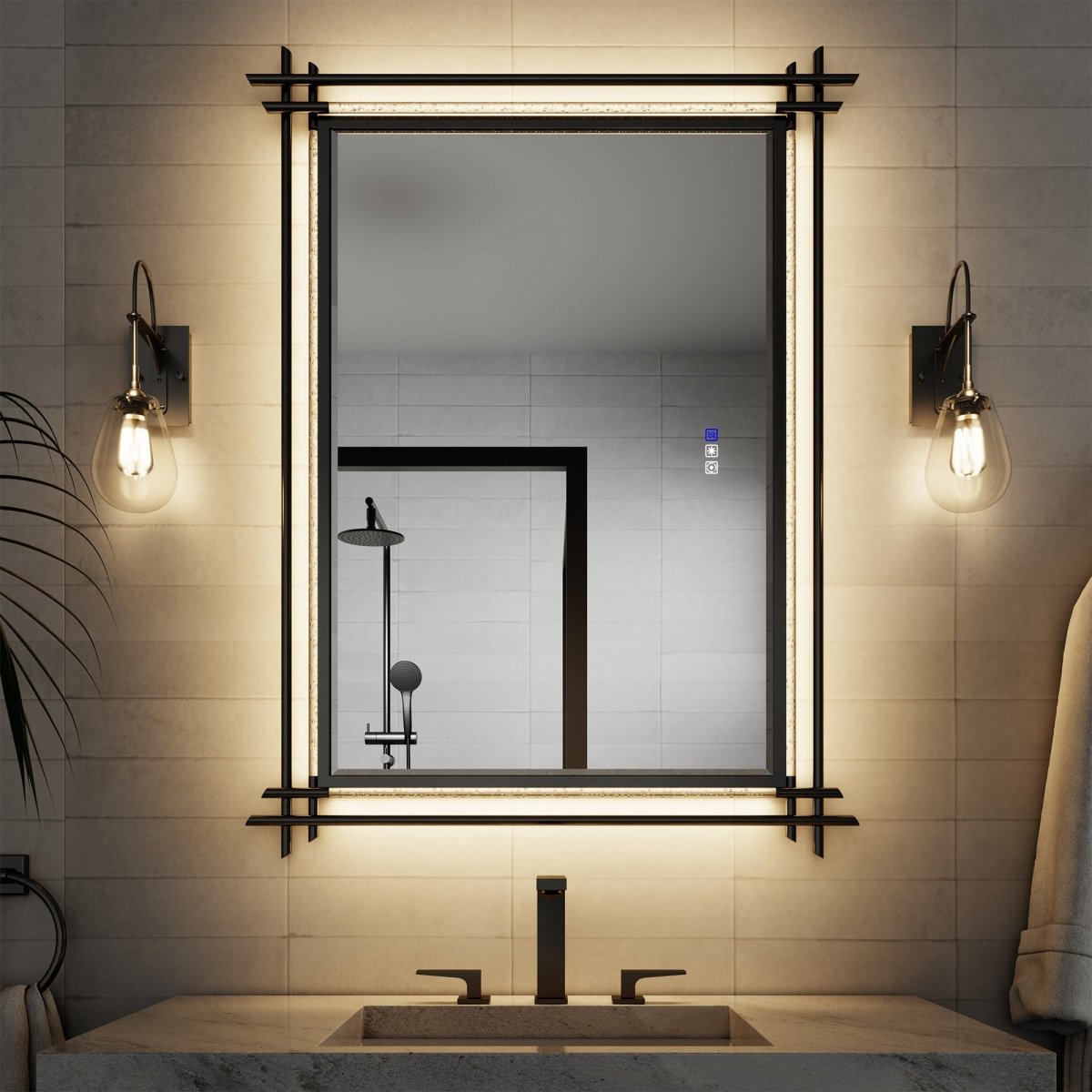 ATLT Handcrafted Iron Art Bubble Decorative Mirror 48"W X 36"H - Hawaiian Style, Matte Black