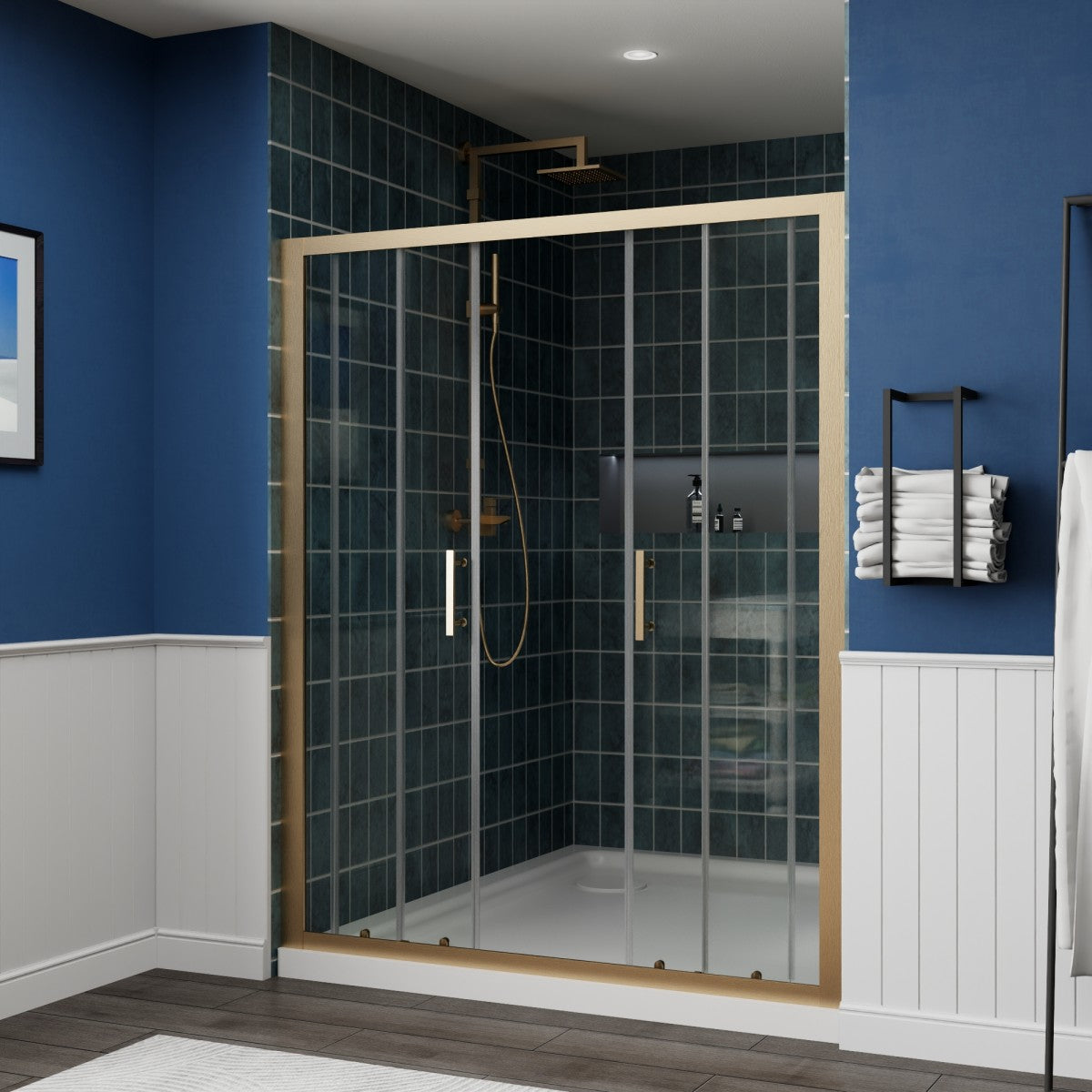 Holden 56-60"W x 70"H Easy Clean Shatter Proof Double Framed Sliding Shower Door with 1/4" (6mm) Clear SGCC Tempered Glass,Brushed Gold Finish