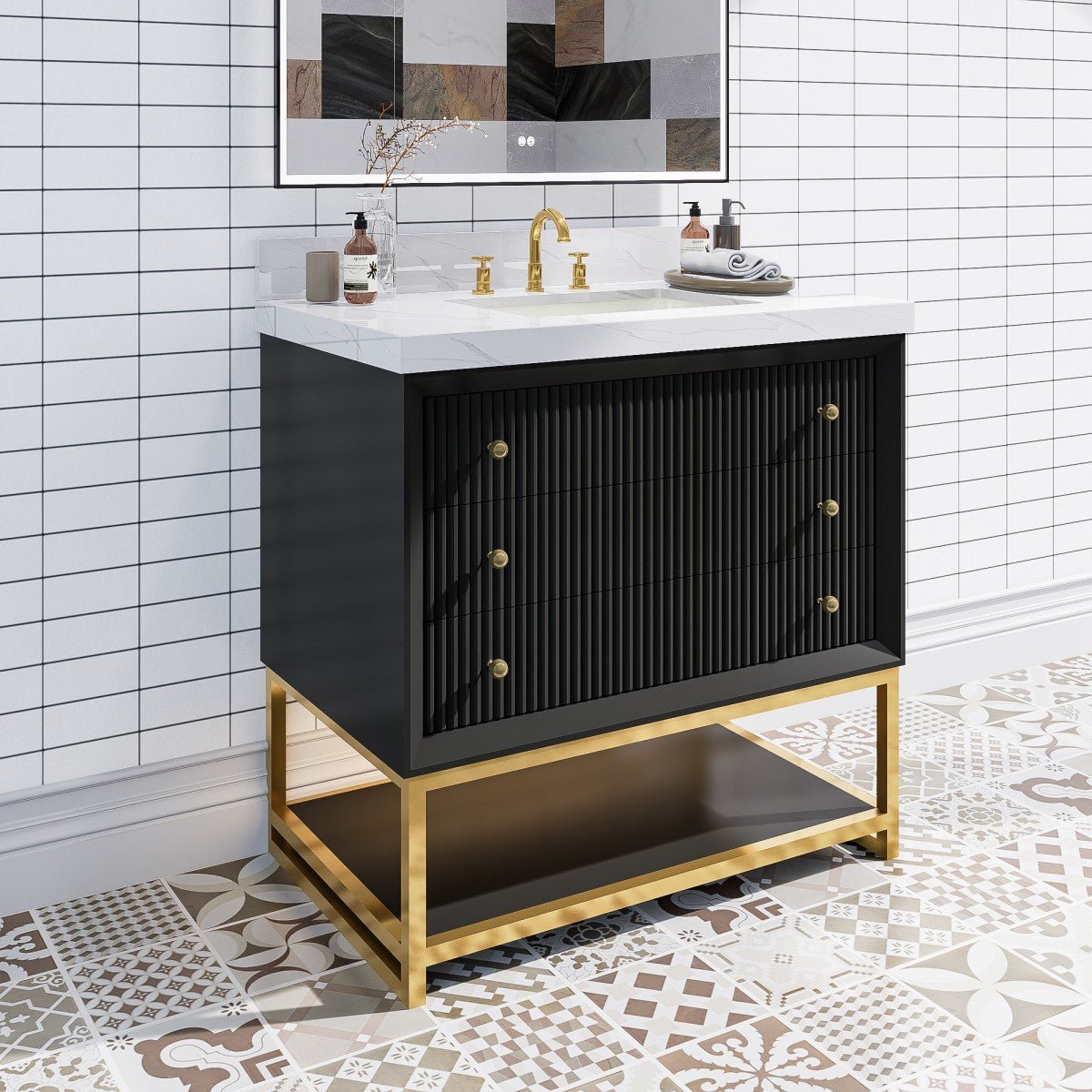 Brillare - W 36" LED Bath Vanity With Sink,Cultured Marble Top,Black,Solid Oak Build,Soft - Close,8 in faucet holes