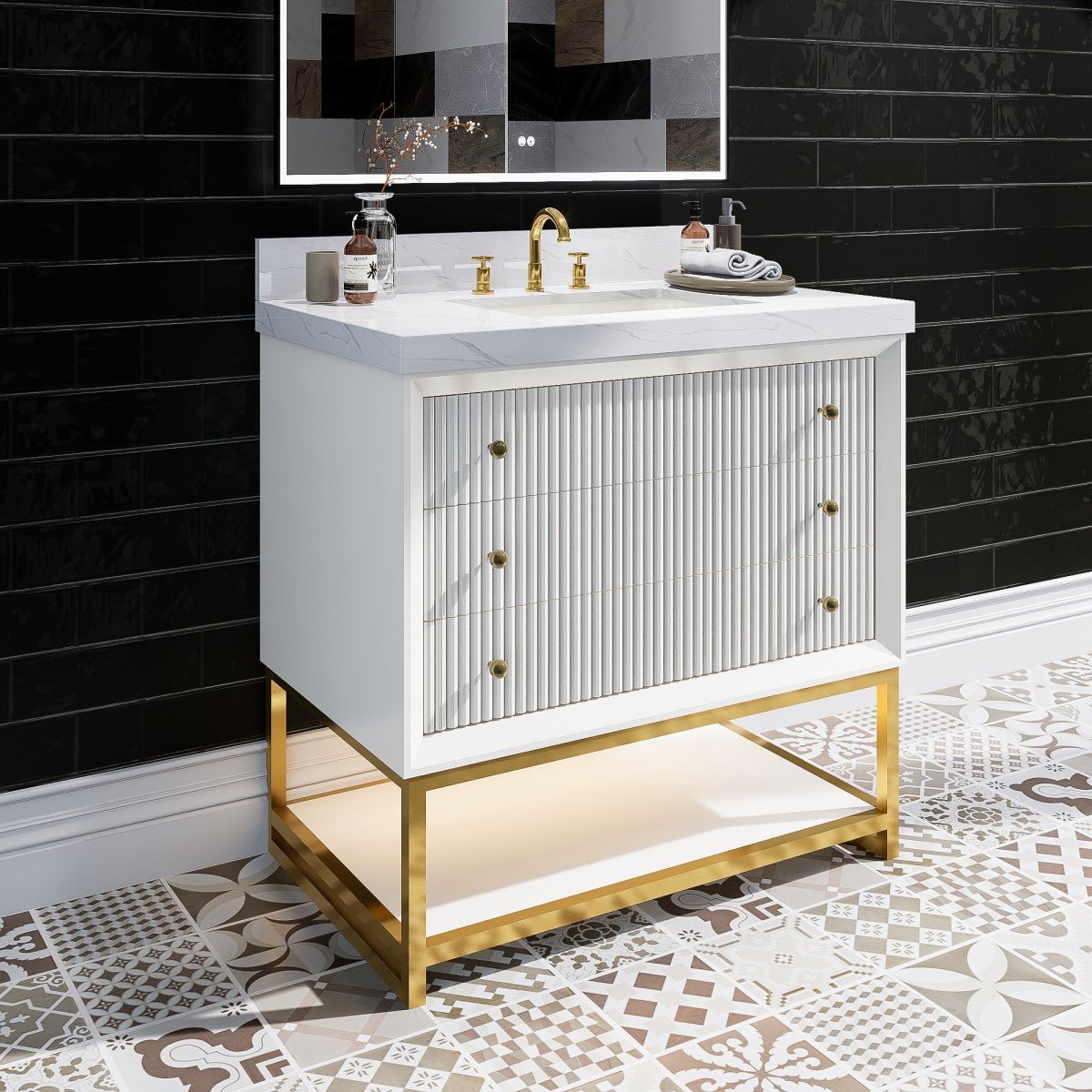 Brillare - W 36" LED Bath Vanity With Sink,Cultured Marble Top,White,Solid Oak Build,Soft - Close,8 in faucet holes