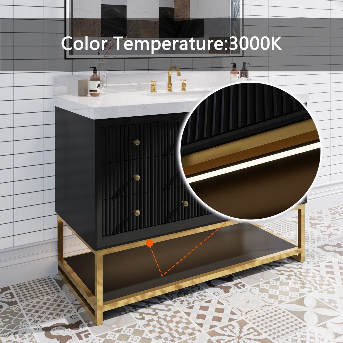 Brillare - W 48" LED Bath Vanity With Sink,Cultured Marble Top,Black,Solid Oak Build,Soft - Close,8 in faucet holes