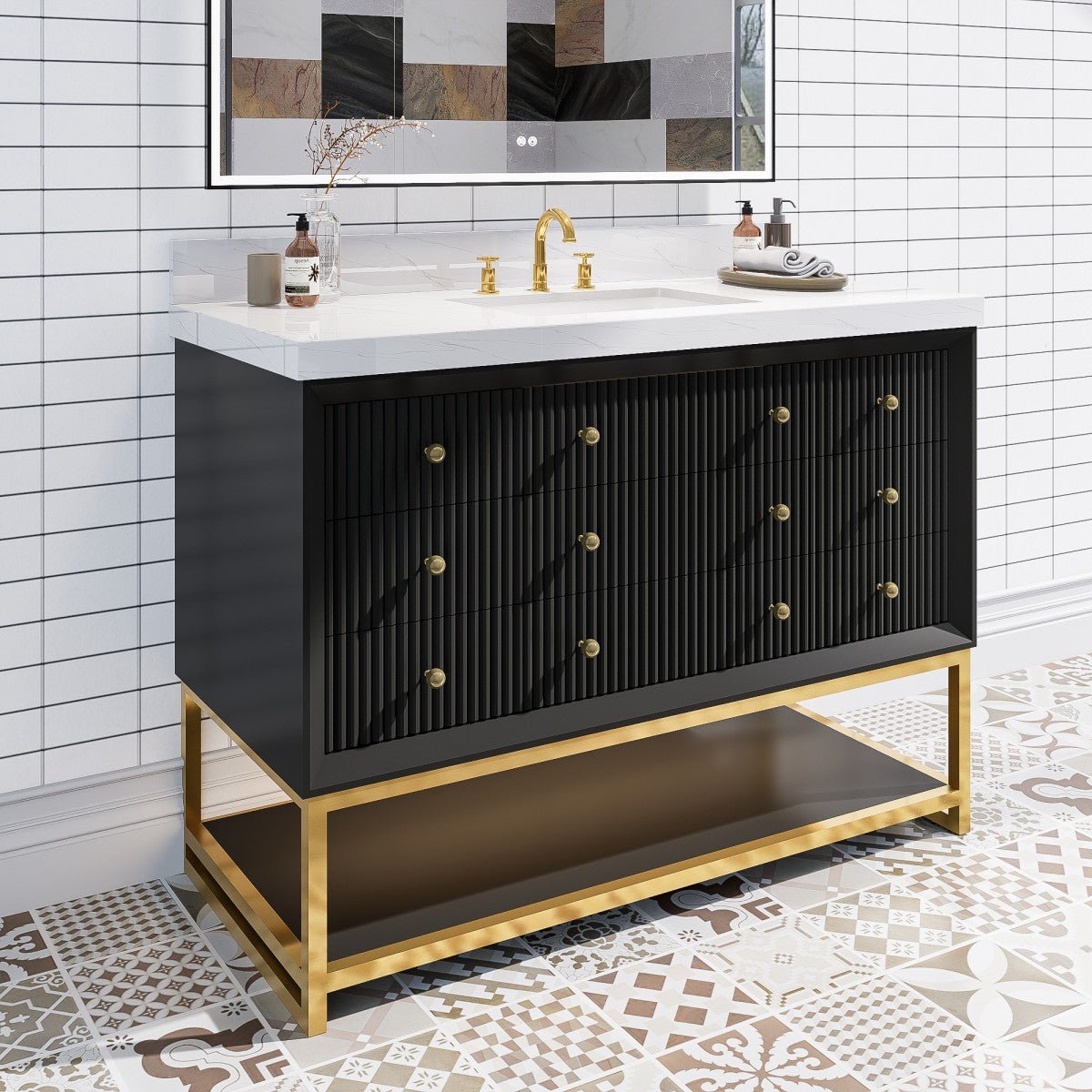 Brillare - W 48" LED Bath Vanity With Sink,Cultured Marble Top,Black,Solid Oak Build,Soft - Close,8 in faucet holes