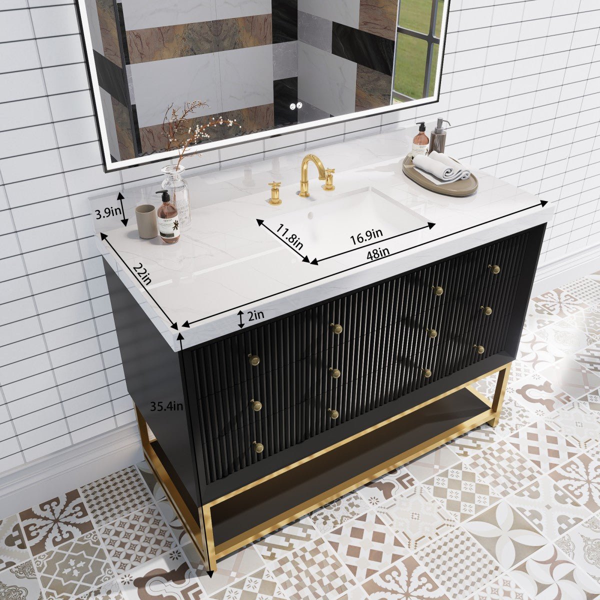 Brillare - W 48" LED Bath Vanity With Sink,Cultured Marble Top,Black,Solid Oak Build,Soft - Close,8 in faucet holes