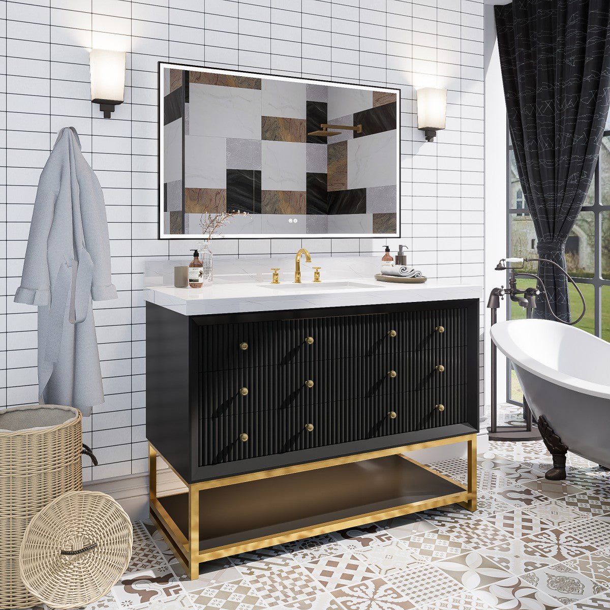 Brillare - W 48" LED Bath Vanity With Sink,Cultured Marble Top,Black,Solid Oak Build,Soft - Close,8 in faucet holes